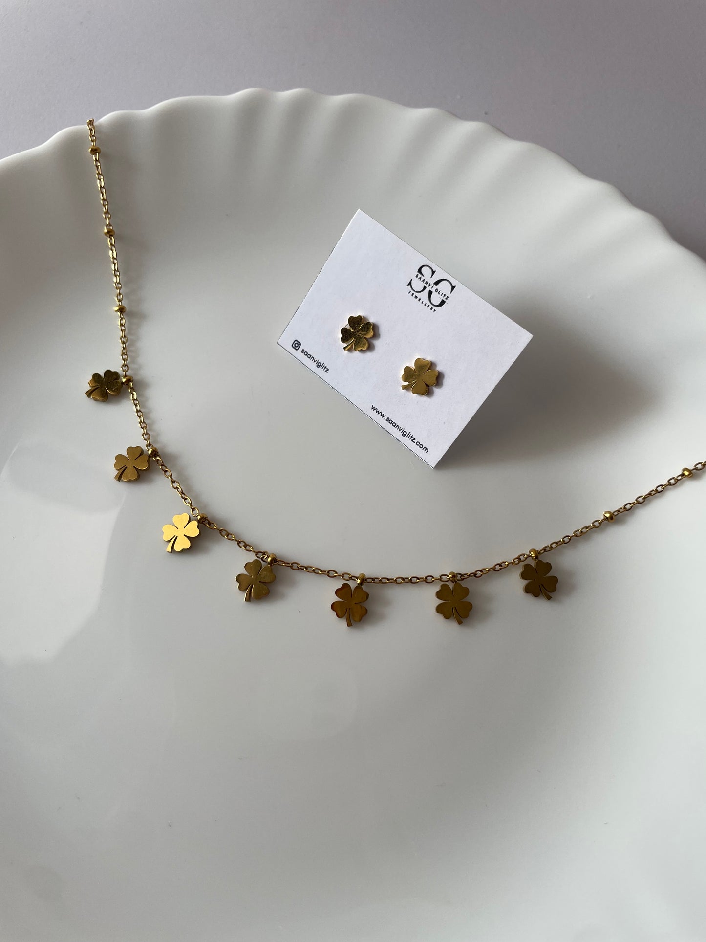 Lucky Clover Charm Necklace & Earrings Set