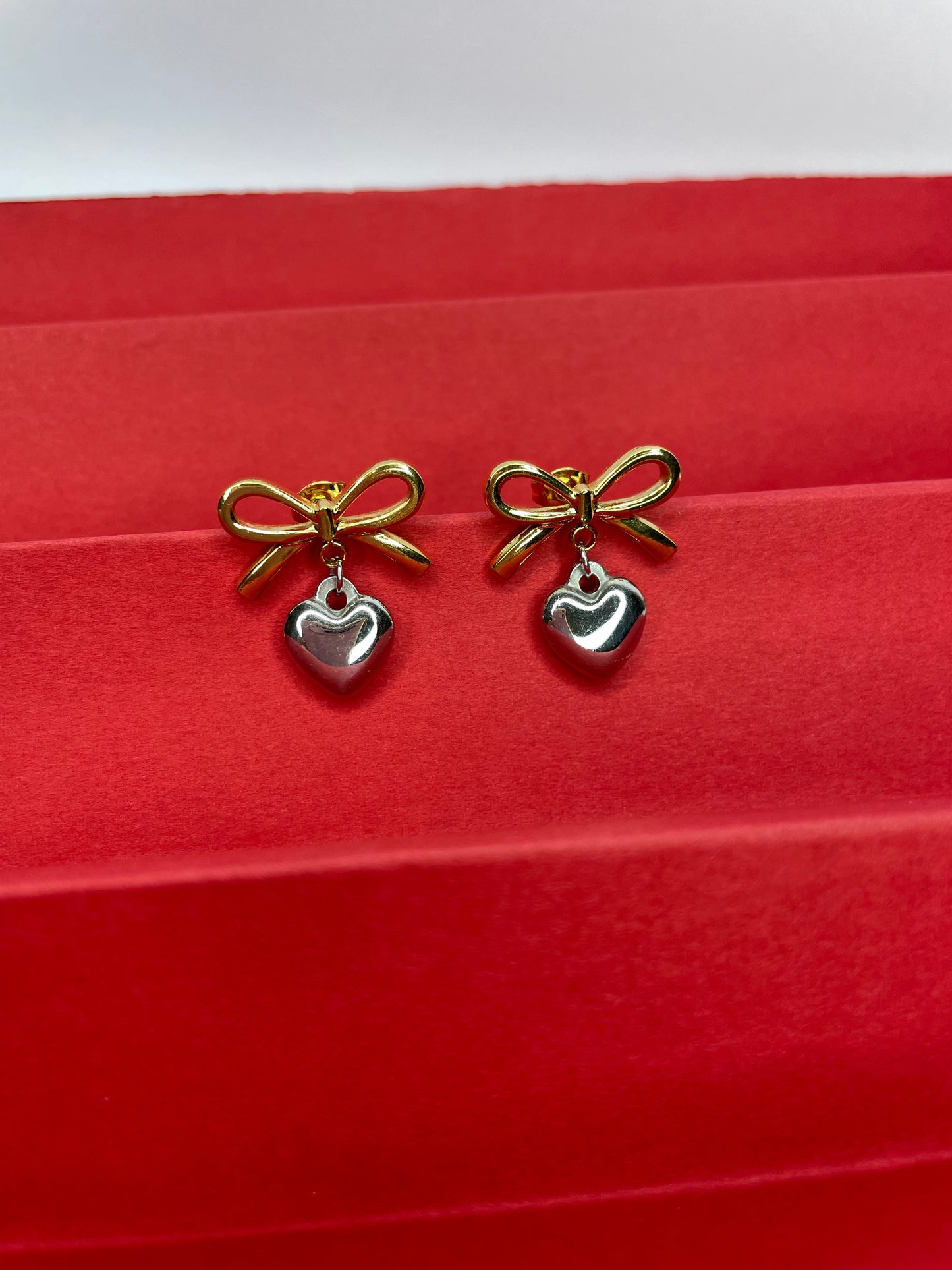 Bow Heart Earrings-Silver