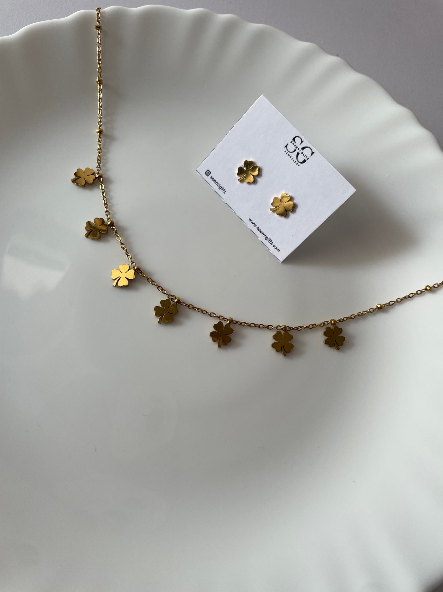 Lucky Clover Charm Necklace & Earrings Set