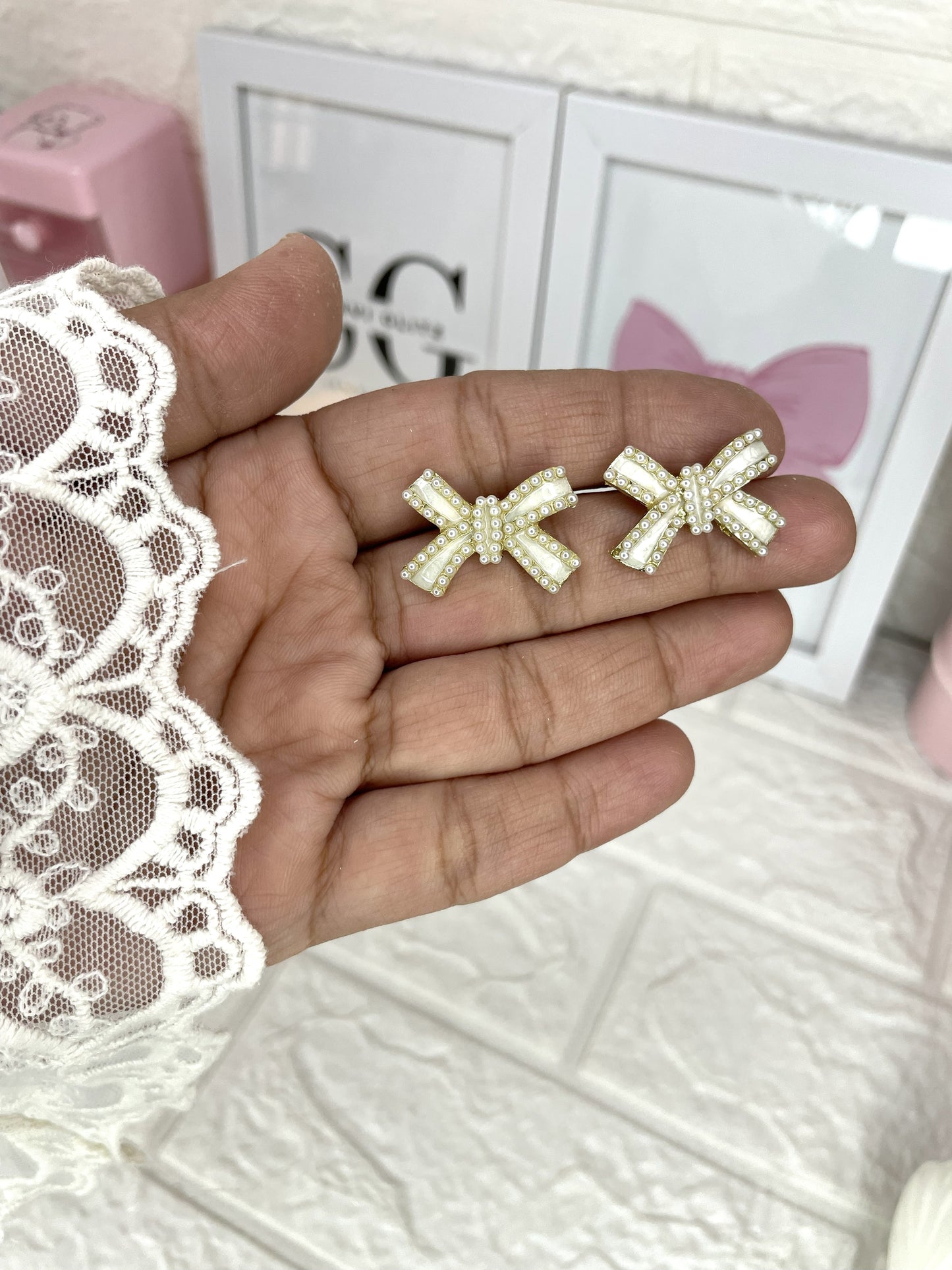 White Bow Pearl Studs