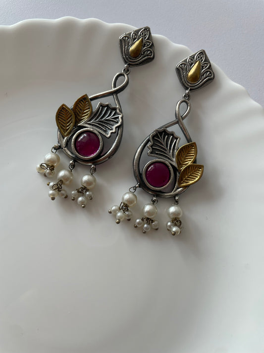 Royal Leaf Pearl Statement Earrings- Ruby Red