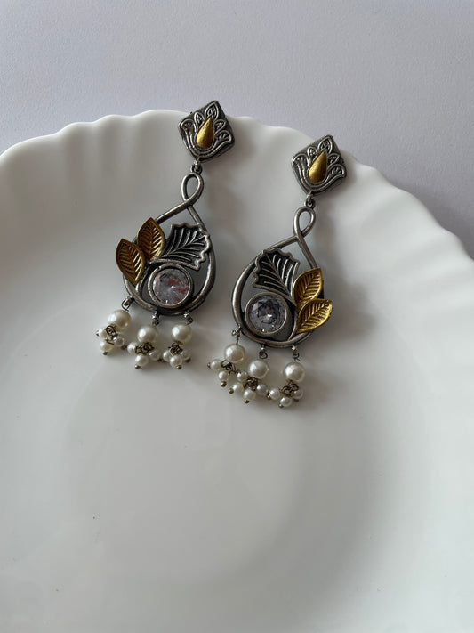 Royal Leaf Pearl Statement Earrings- Crystal White