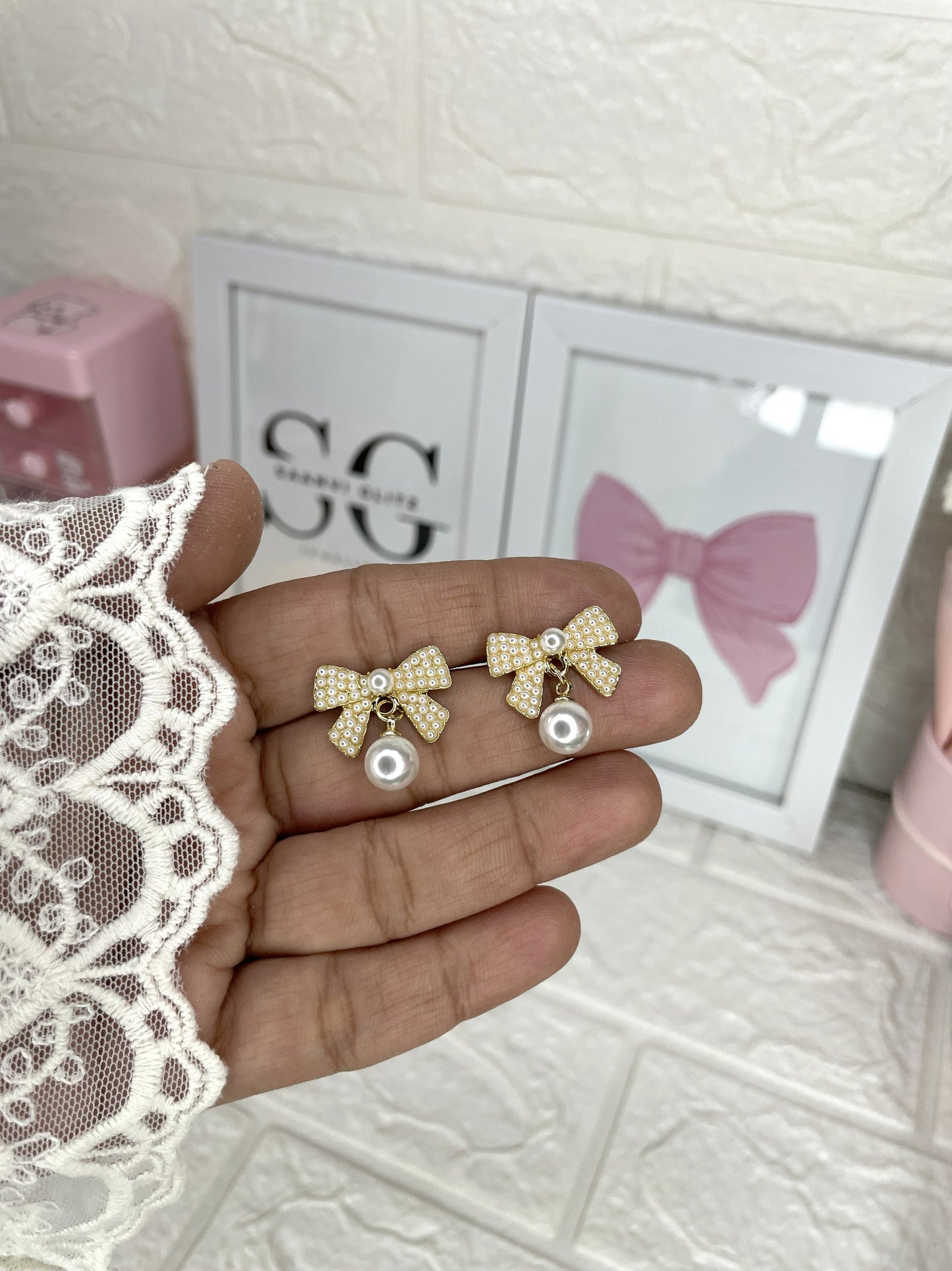 Bejeweled Pearl Bow Stud with Diamonds