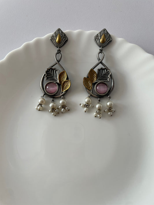 Royal Leaf Pearl Statement Earrings- Light Pink