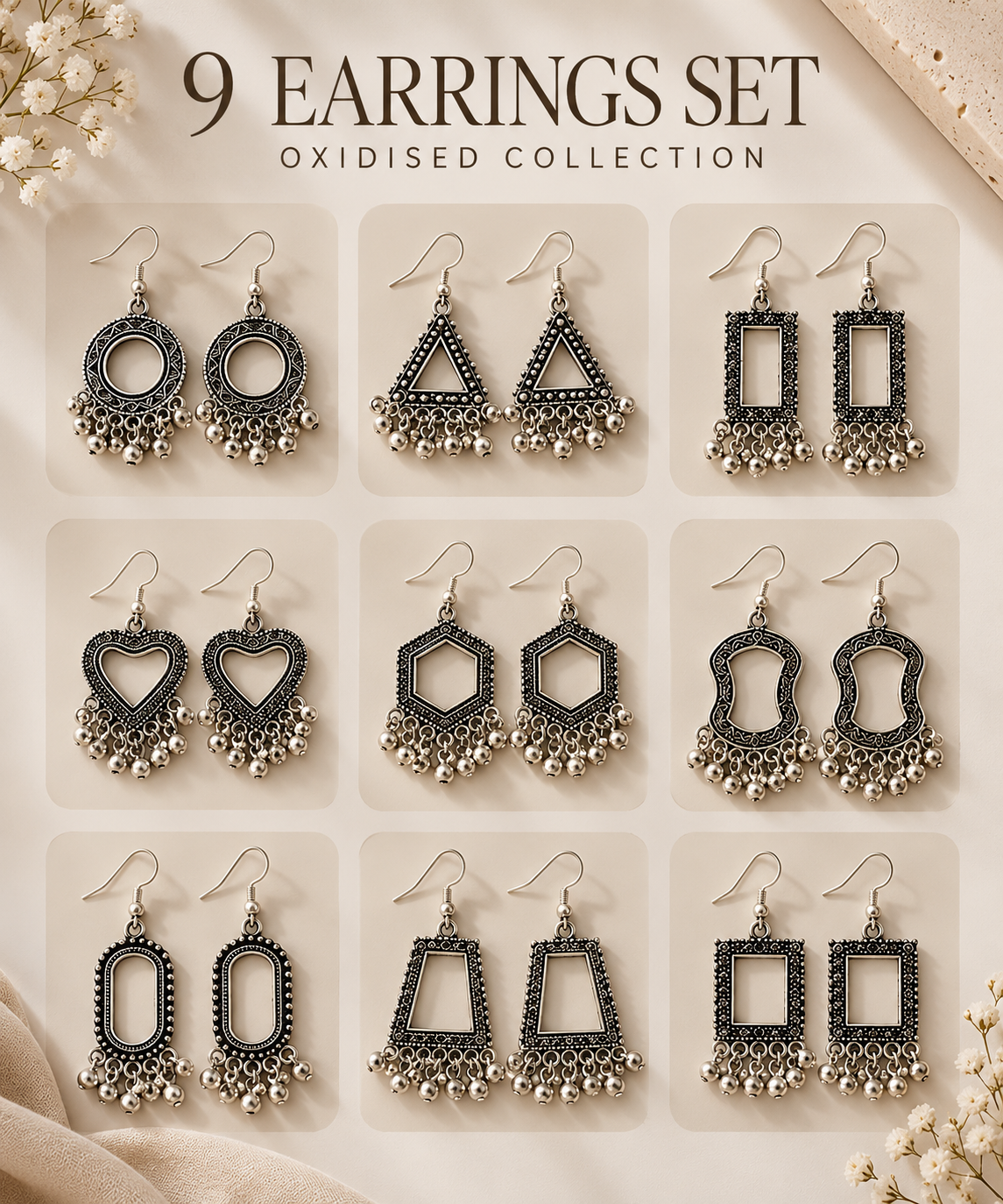Antique Aura – 9 Pair Oxidised Earrings Set