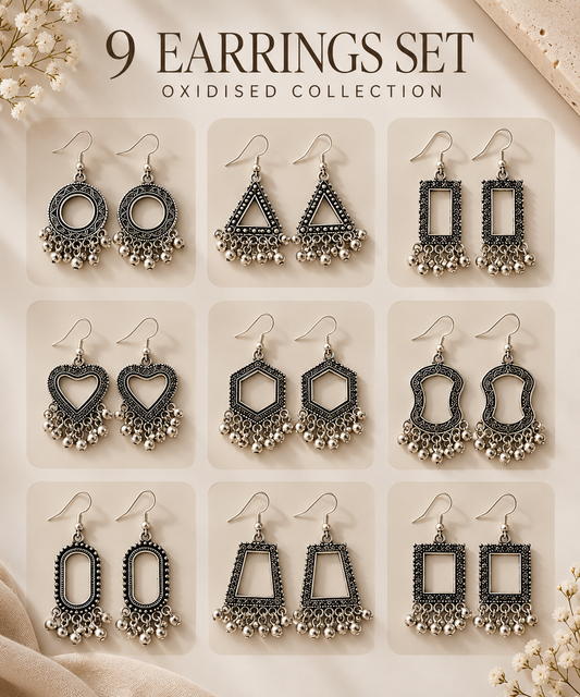 Antique Aura – 9 Pair Oxidised Earrings Set