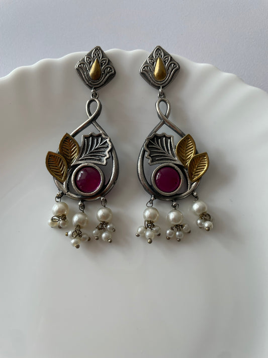 Royal Leaf Pearl Statement Earrings- Ruby Red