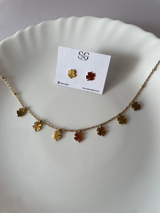 Lucky Clover Charm Necklace & Earrings Set