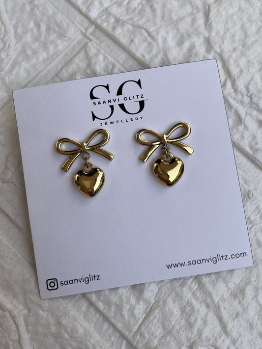 Bow Heart Earrings-Golden
