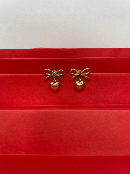 Bow Heart Earrings-Golden