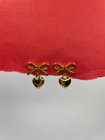 Bow Heart Earrings-Golden