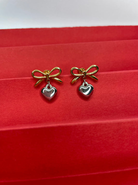 Bow Heart Earrings-Silver
