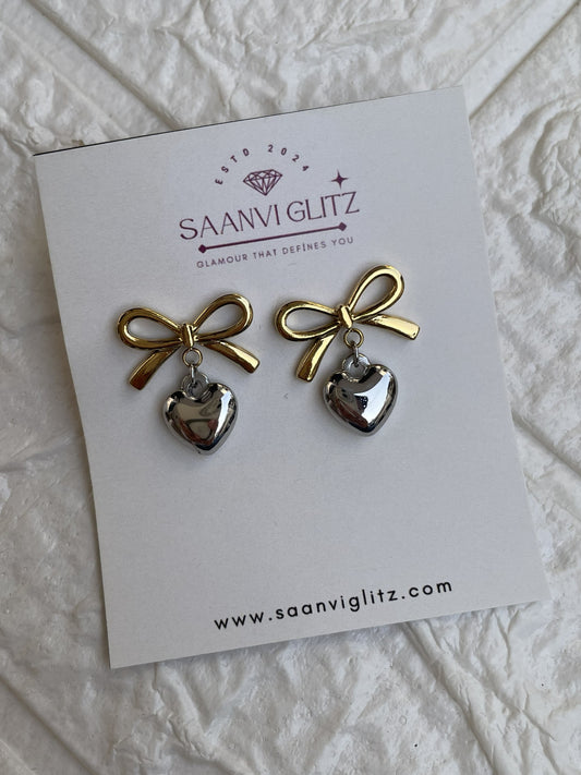 Bow Heart Earrings-Silver